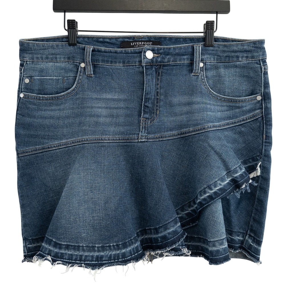 Liverpool Mini Ruffle Denim Skirt Womens 14 Blue Raw Hem Distressed Jean Western